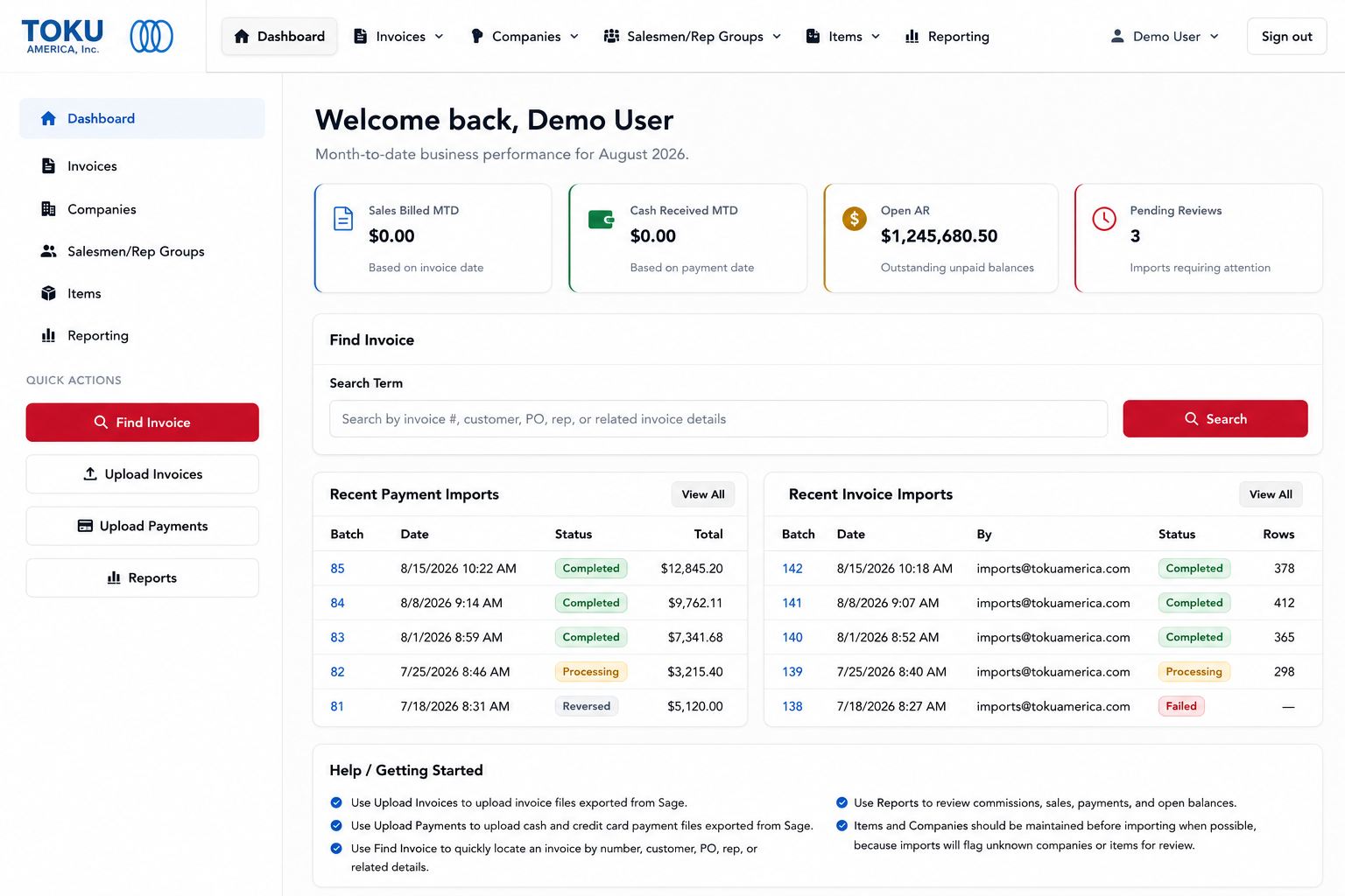 Sanitized invoice and reporting system showing financial workflow, imports, reporting, and business management tools.