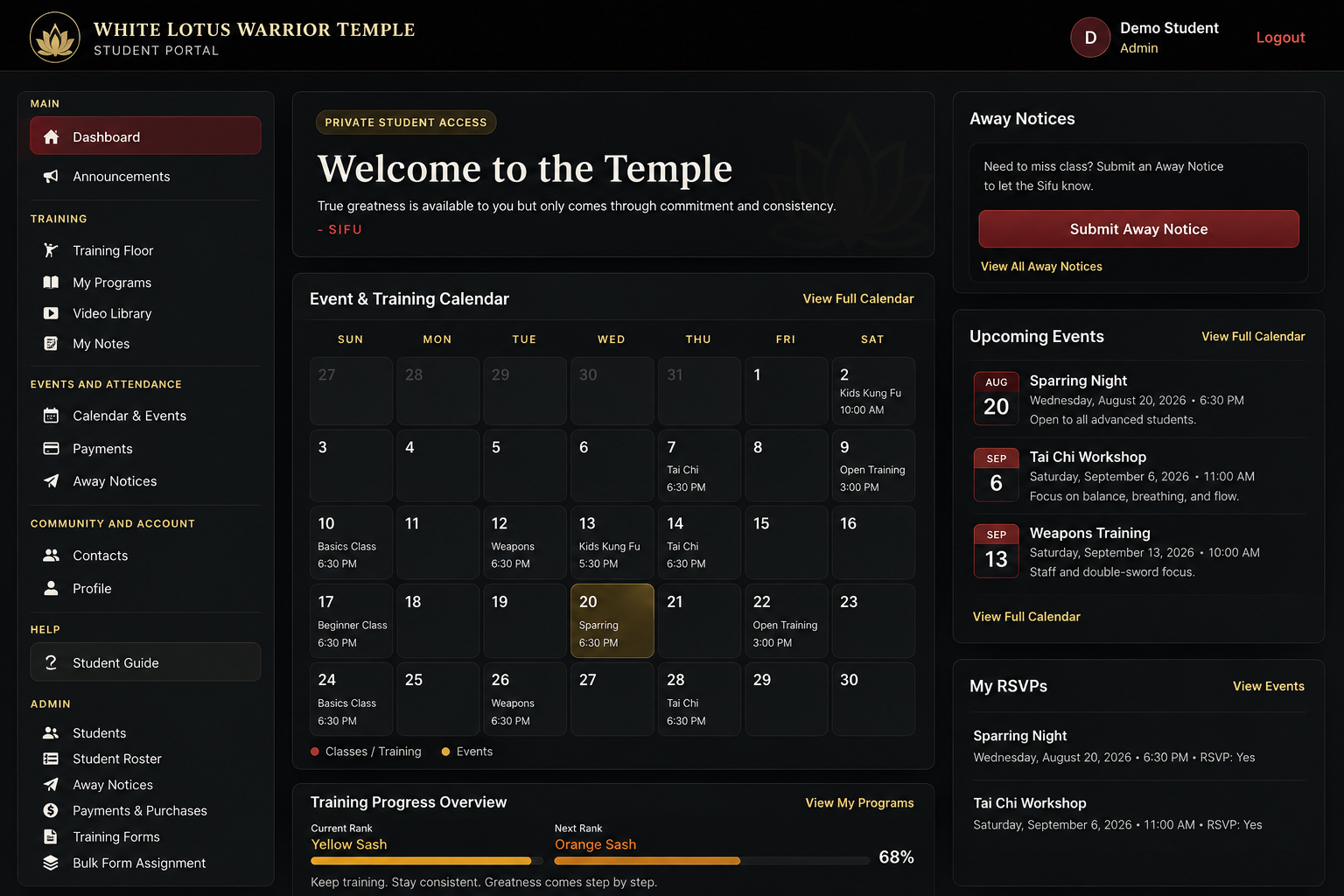 Sanitized membership and training platform showing events, programs, attendance tools, and administration.
